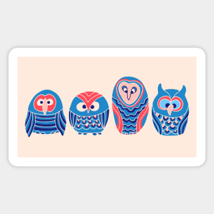 WOO HOO Owls Cute Funny Birds Forest Woodland Nature Wildlife in Blue Red Pink Cream - UnBlink Studio by Jackie Tahara Sticker